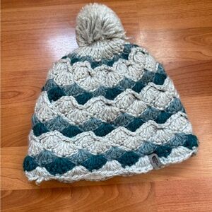 The North Face Cream and Teal Knit Pom-Pom Hat